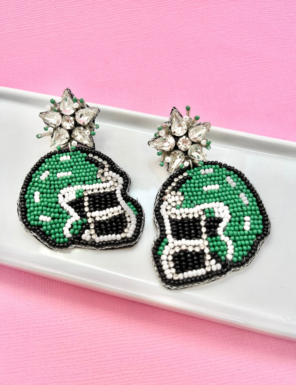 Green and White Football Helmet Earrings