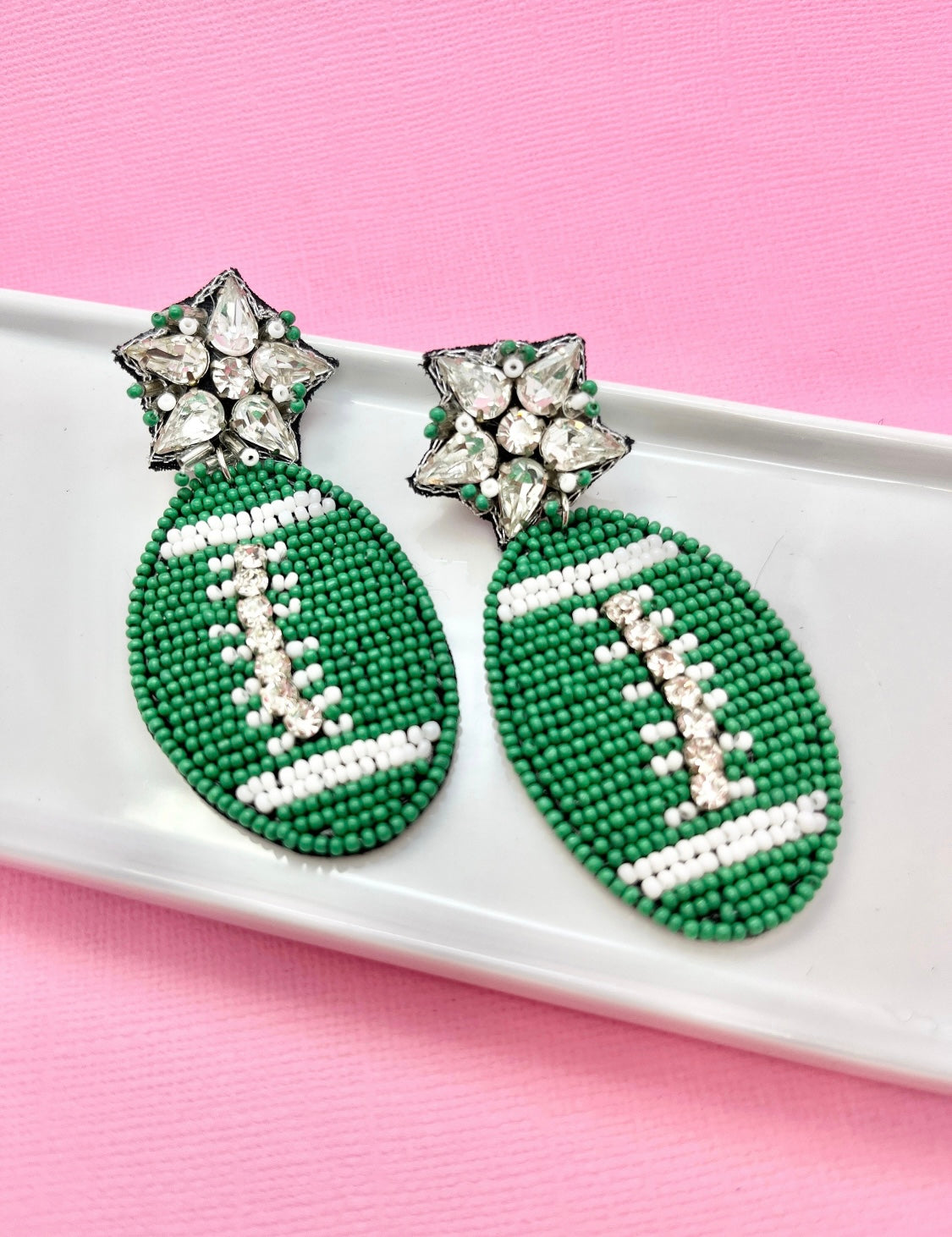 Green and White Football Earrings