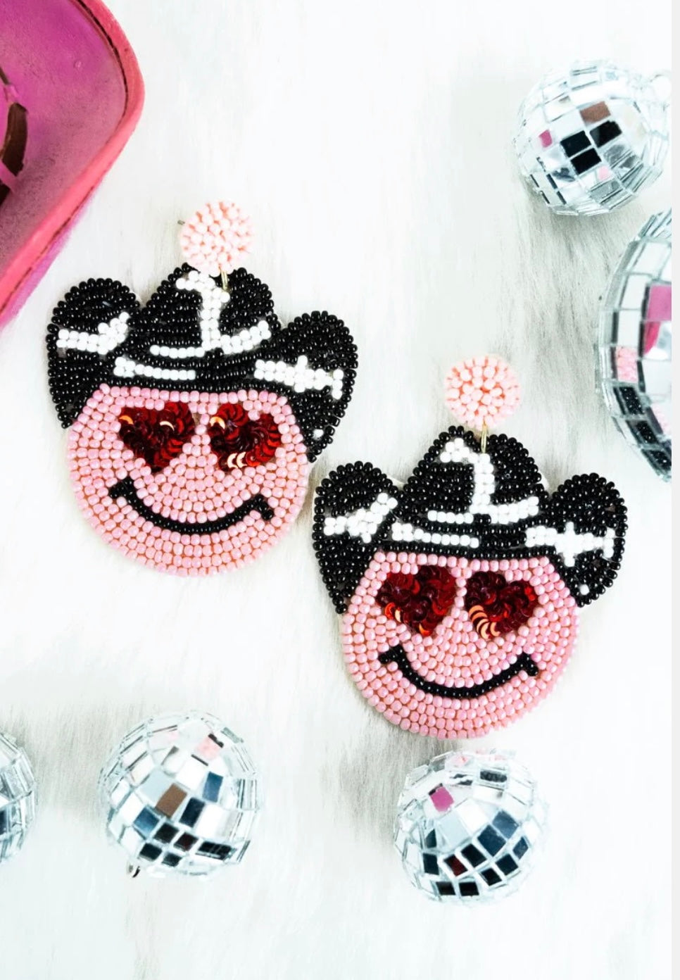 Pink Smiley Face Cowboy Earrings